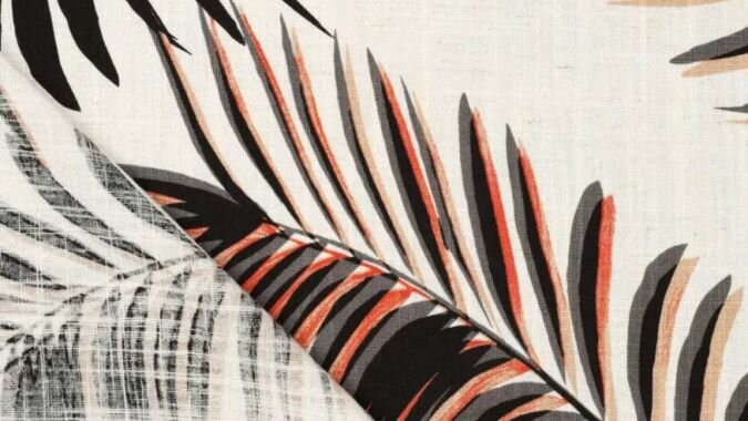 Viscose linnen stof met grote bladeren natuurlijke look