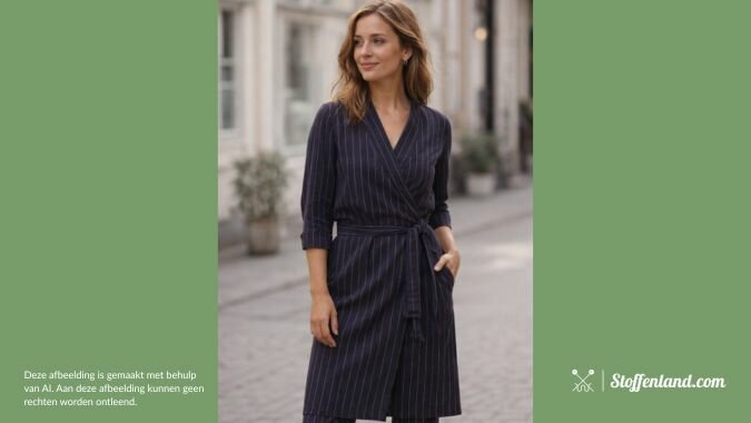 jurk in donker blauwe viscose linnen met krijtstreep