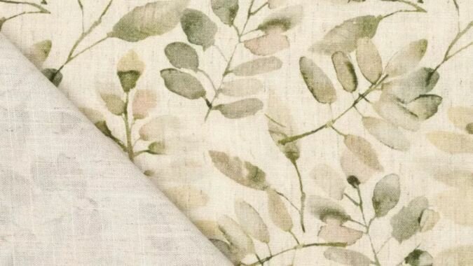 Viscose linnen stof met bladerenprint in natuurlijke groentinten