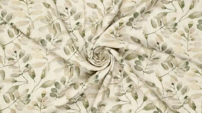 Linnen viscose stof met botanische print close-up