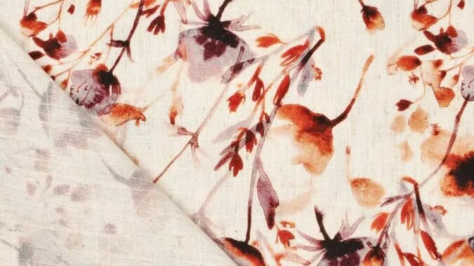 viscose linnen stof met rode bloemen in naturel tinten