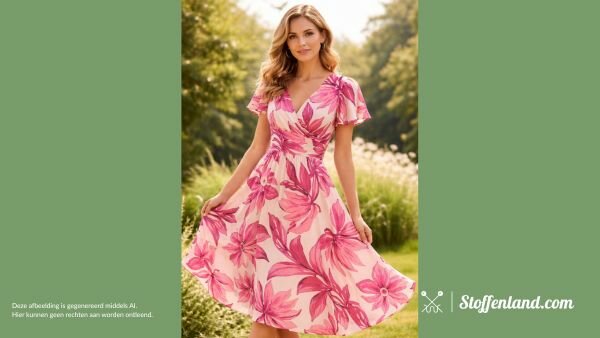 Voorbeeld Soepele Ecru Viscose Stof met Roze Bloemen