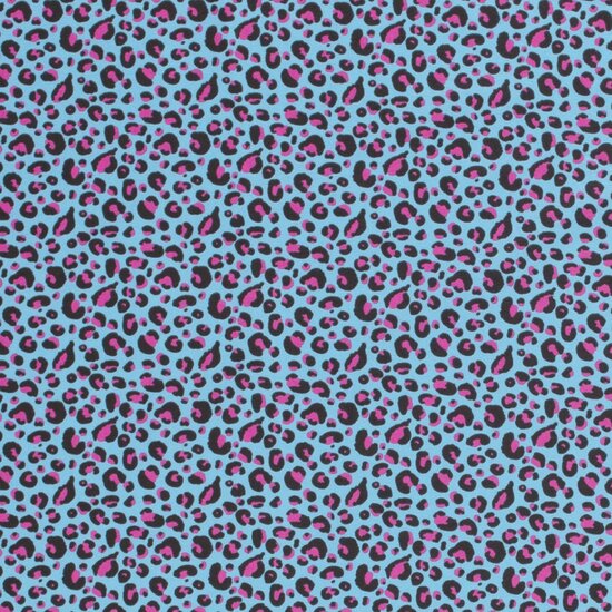 Blauw roze stretch stof met leopard design
