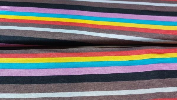 Gestreepte tricot stof (grijs, zwart, wit, lila, blauw, geel en rood)