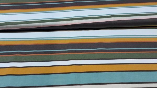 Gestreepte Katoen Tricot Stof &ndash; Legergroen, Oker, Bruin, Wit en Roze