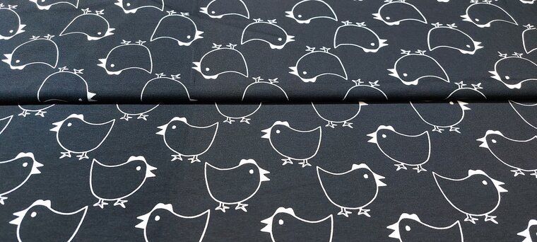 Zwart witte katoen tricot met kippen kopen