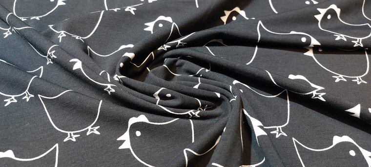 Bestel Zwart witte katoen tricot met kippen
