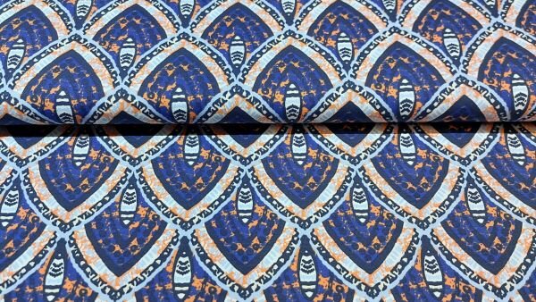 Blauwe Joggingstof (French Terry) met abstracte driehoeken kopen