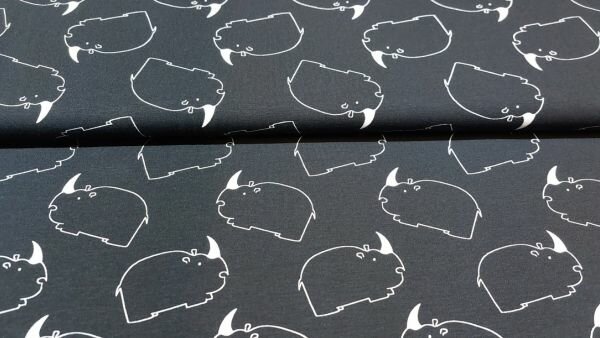 Zwarte stretch katoen tricot met witte, abstracte neushoorns kopen