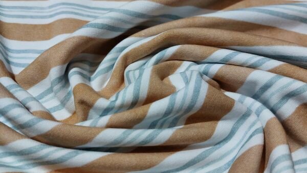 Naaien met Gestreepte sweat stof &ndash; wit, caramel, oud groen &ndash; katoen stretch