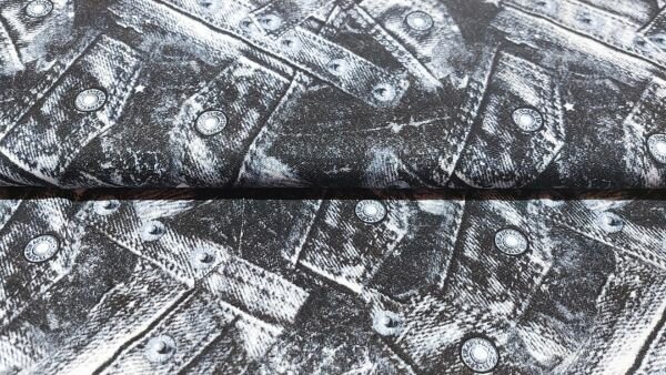 Goedkope Zwarte viscose jersey modestof met prints van jeans zakken bestellen