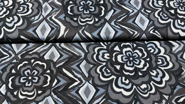 Zwart grijze viscose jersey met geometrische bloemen kopen