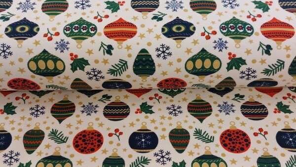Ecru French Terry stof met kerstballen print