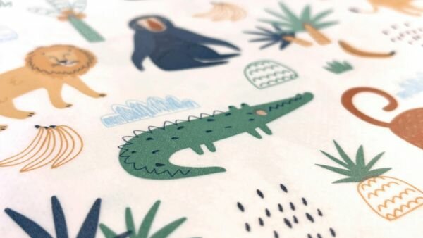 Close-up van het dierenmotief op tafelzeil