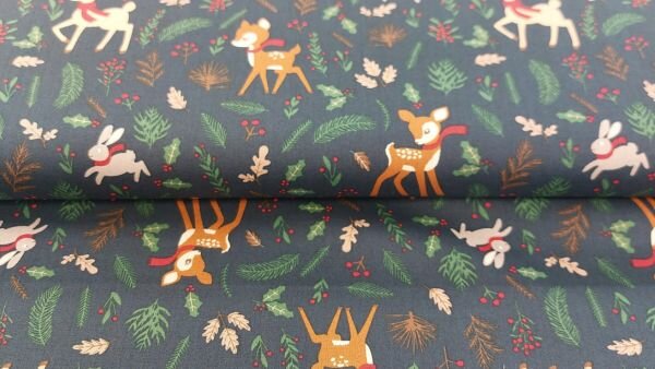 Donkerblauwe kerststof met hertjes en kersttakken print