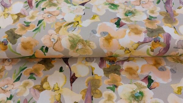 rekbare katoen stretch Lily Flower Beta bloemenprint beige voor jurk