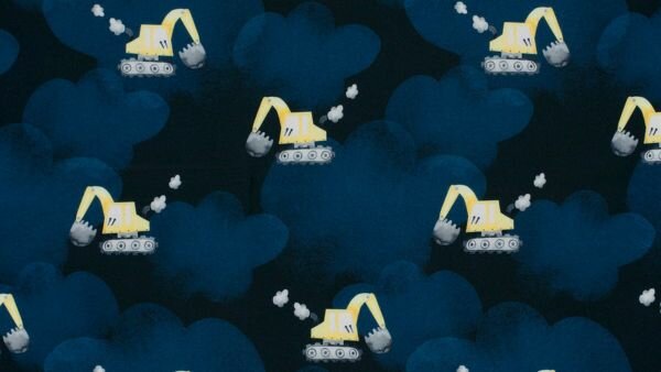 Softshell stof met graafmachines marineblauw