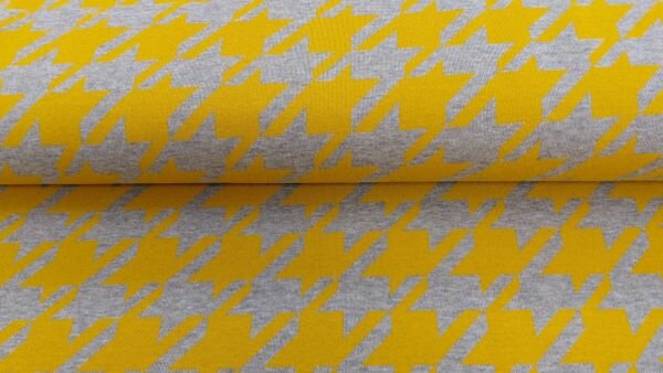 Jacquard pied de poule stof lichtgrijs okergeel close-up