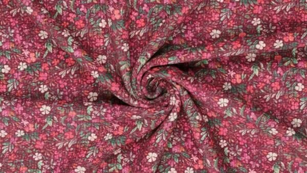 Roze ribstof met digitale bloemenprint &ndash; stretch stof