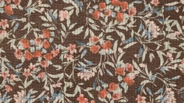 Modestof ribcord bloemen bruin met digitale print