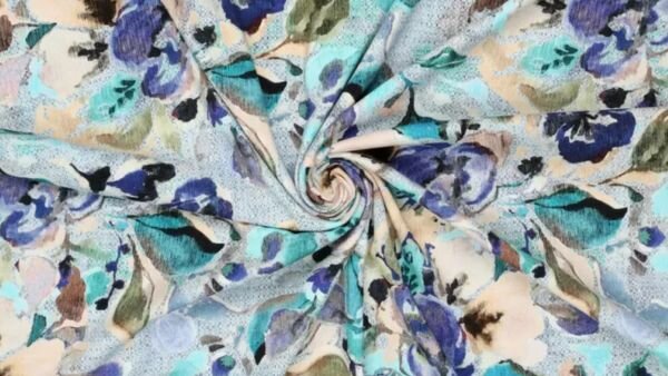 Blauwe viscose met bloemenprint en lichte stretch