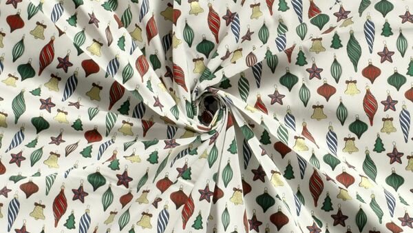 Ecru katoenen kerststof met goudfolie kerstballen 145 cm