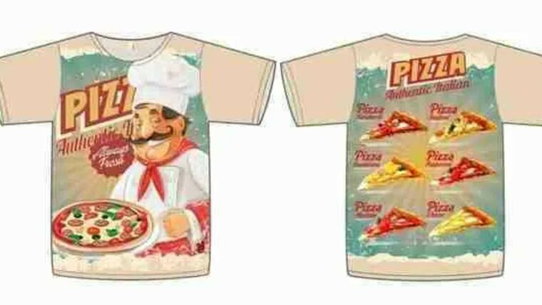 Naaien met Beige paneel tricot stof met pizza - eenvoudig en voordelig
