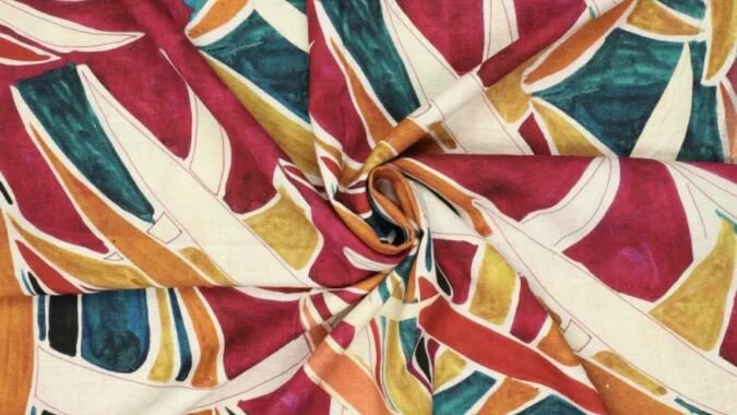 Viscose linnen stof met abstracte palmbomen print roze blauw