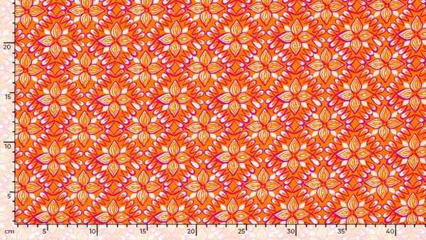 Oranje stof met fuchsia bloemen